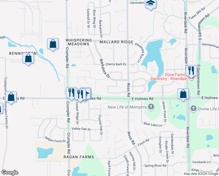 map of restaurants, bars, coffee shops, grocery stores, and more near 6621 Collins Way Drive in Memphis