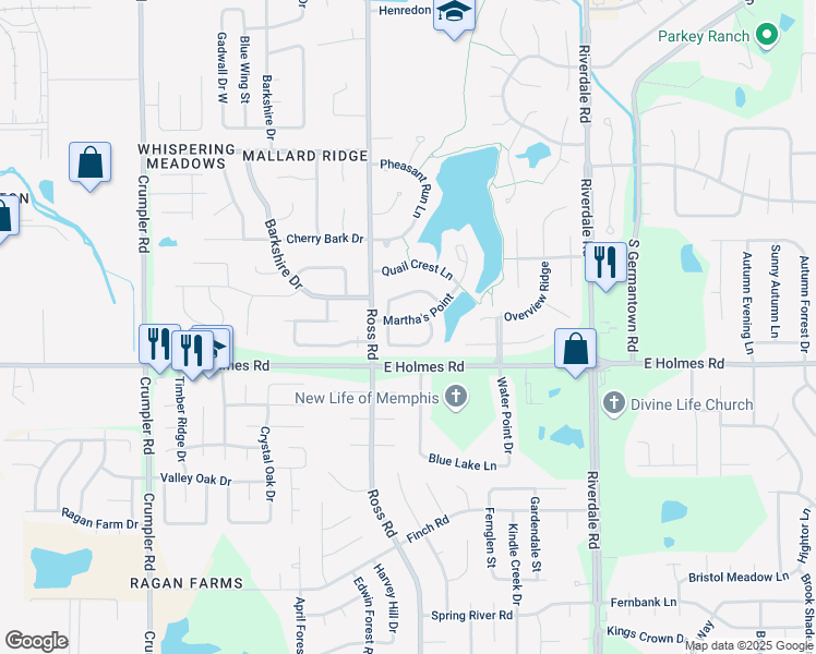 map of restaurants, bars, coffee shops, grocery stores, and more near 6755 Martha's Point in Memphis