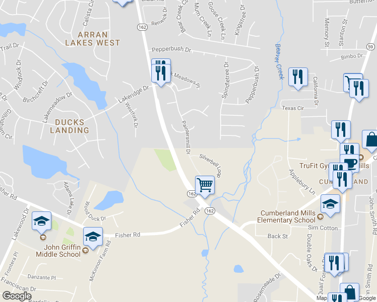 map of restaurants, bars, coffee shops, grocery stores, and more near 2409 Painters Mill Drive in Fayetteville
