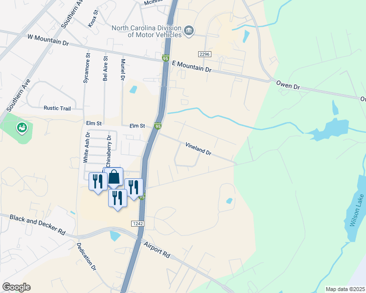map of restaurants, bars, coffee shops, grocery stores, and more near 206 Vineland Drive in Fayetteville