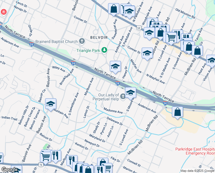 map of restaurants, bars, coffee shops, grocery stores, and more near 505 Sharondale Road in Chattanooga