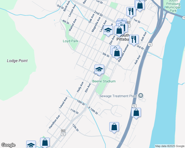 map of restaurants, bars, coffee shops, grocery stores, and more near 700 Elm Avenue in South Pittsburg