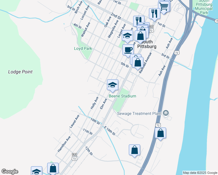 map of restaurants, bars, coffee shops, grocery stores, and more near 700 Elm Avenue in South Pittsburg