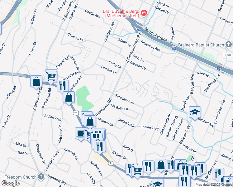 map of restaurants, bars, coffee shops, grocery stores, and more near 742 South Germantown Circle in Chattanooga