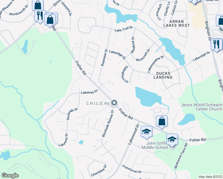 map of restaurants, bars, coffee shops, grocery stores, and more near 2299 Baywater Drive in Fayetteville