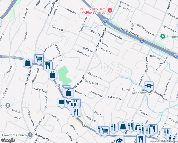map of restaurants, bars, coffee shops, grocery stores, and more near 742 South Germantown Circle in Chattanooga