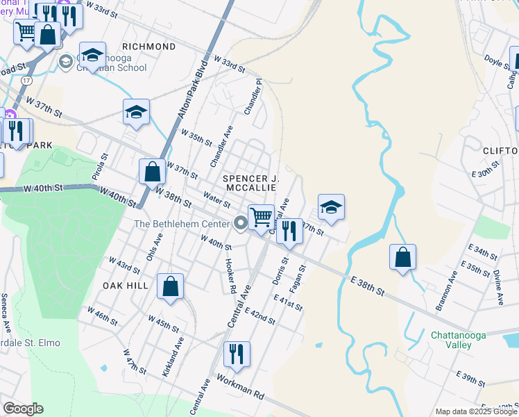 map of restaurants, bars, coffee shops, grocery stores, and more near 200 West 37th Street in Chattanooga