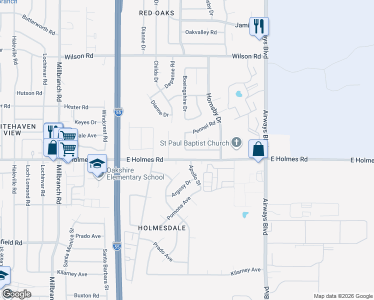 map of restaurants, bars, coffee shops, grocery stores, and more near 1893 McPherson Road in Memphis