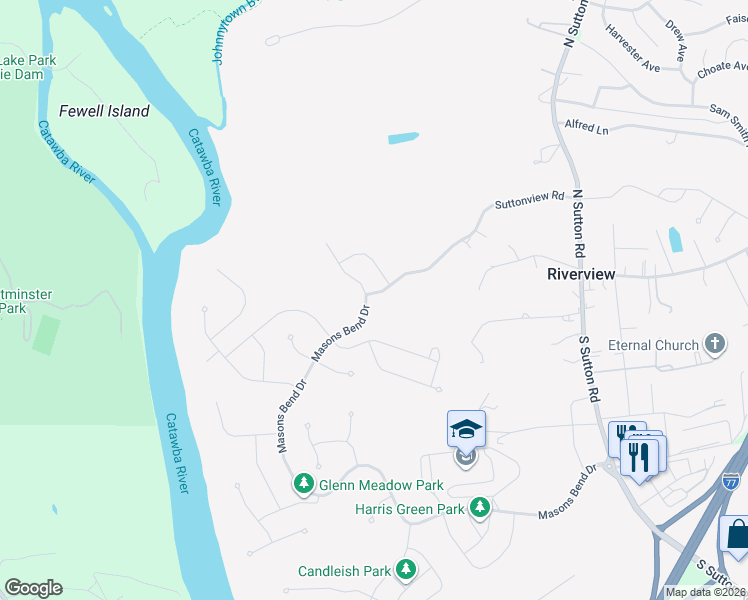 map of restaurants, bars, coffee shops, grocery stores, and more near 2079 Suttonview Road in Fort Mill