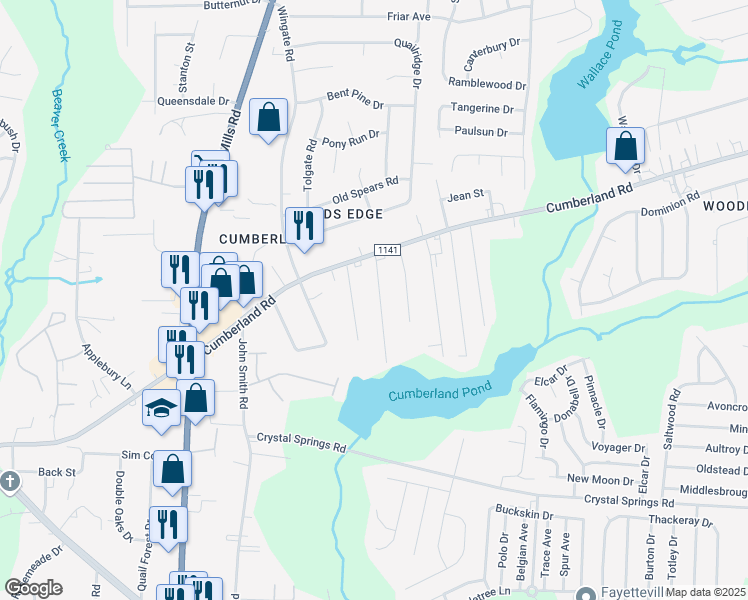 map of restaurants, bars, coffee shops, grocery stores, and more near 2510 Penny Drive in Fayetteville
