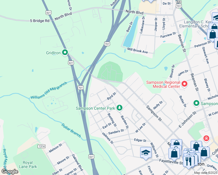 map of restaurants, bars, coffee shops, grocery stores, and more near 913 Mc Koy Street in Clinton