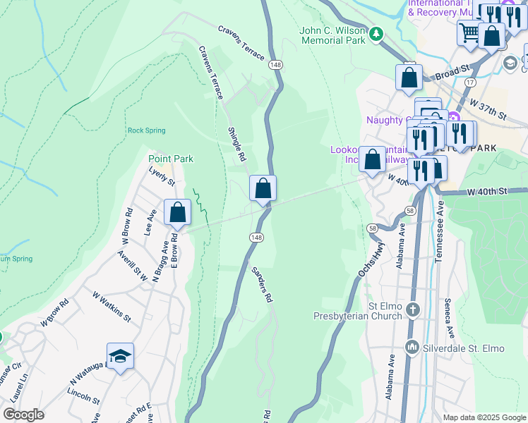 map of restaurants, bars, coffee shops, grocery stores, and more near 906 Scenic Highway in Chattanooga