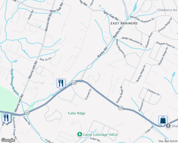 map of restaurants, bars, coffee shops, grocery stores, and more near 2612 Banks Road in Chattanooga