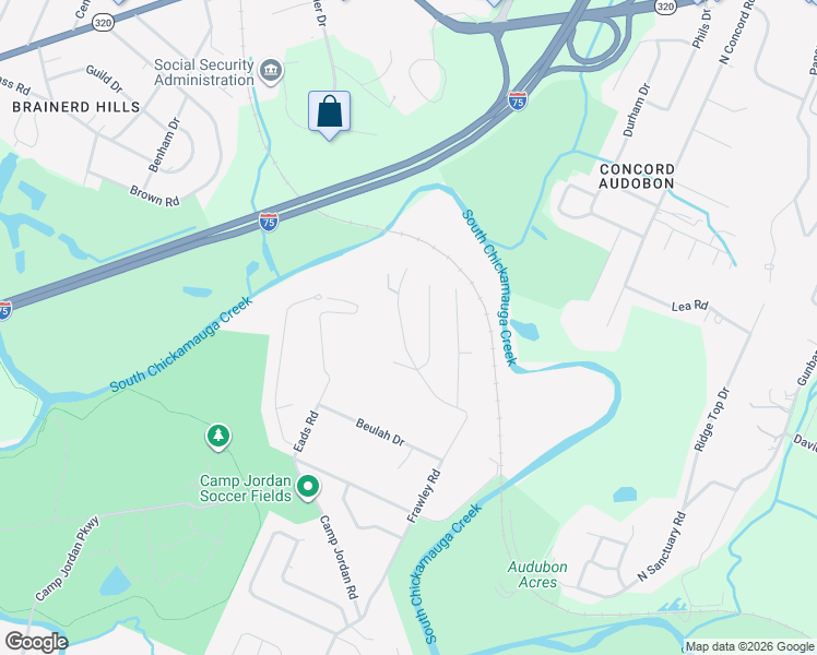 map of restaurants, bars, coffee shops, grocery stores, and more near 34 Frawley Road in Chattanooga