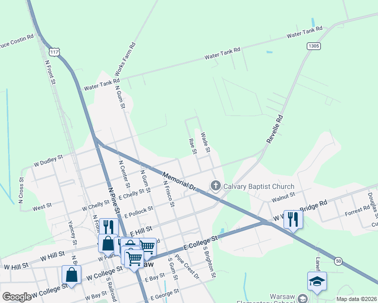 map of restaurants, bars, coffee shops, grocery stores, and more near 203 Rae Street in Warsaw