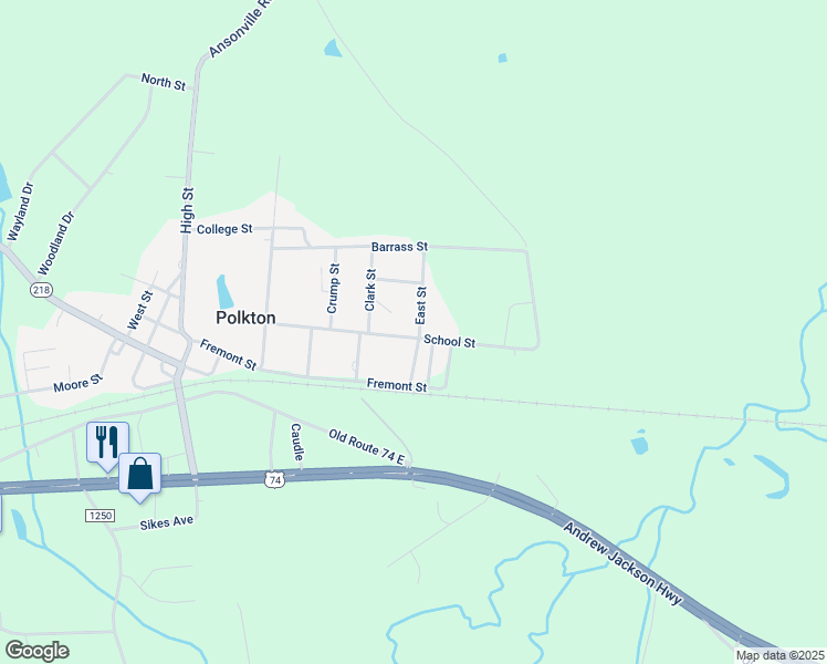 map of restaurants, bars, coffee shops, grocery stores, and more near 329 School Street in Polkton