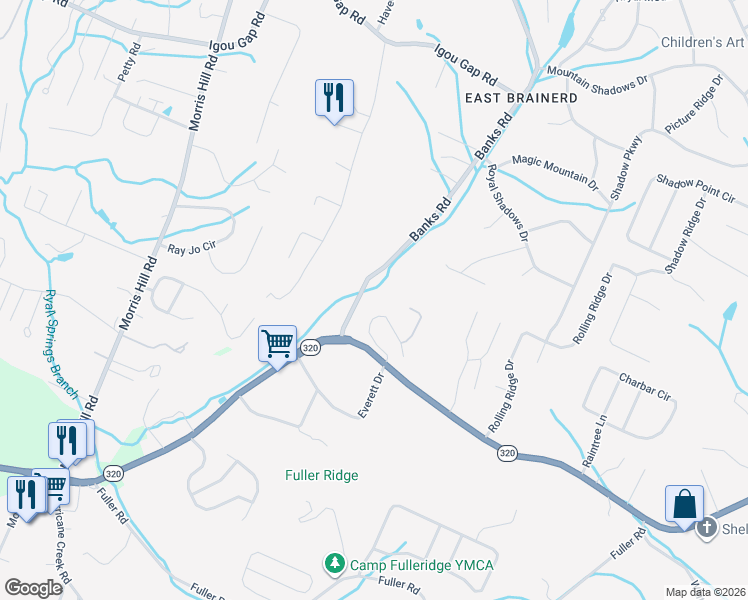 map of restaurants, bars, coffee shops, grocery stores, and more near 2612 Banks Road in Chattanooga