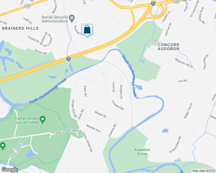 map of restaurants, bars, coffee shops, grocery stores, and more near 115 Fawn Drive in Chattanooga