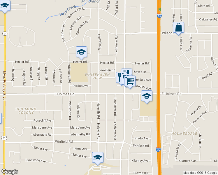map of restaurants, bars, coffee shops, grocery stores, and more near 1594 East Holmes Road in Memphis