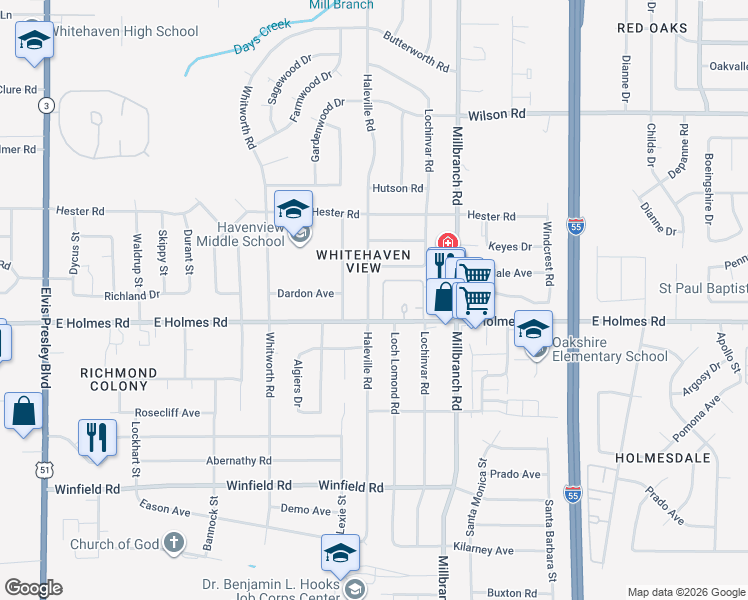 map of restaurants, bars, coffee shops, grocery stores, and more near 1594 East Holmes Road in Memphis