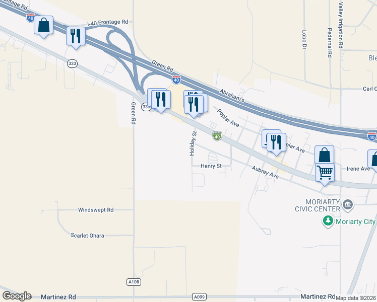 map of restaurants, bars, coffee shops, grocery stores, and more near 110 Holiday Street in Moriarty