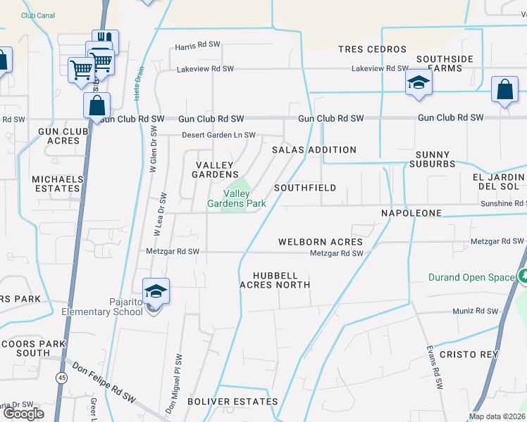 map of restaurants, bars, coffee shops, grocery stores, and more near 4630 Sun Valley Drive Southwest in Albuquerque