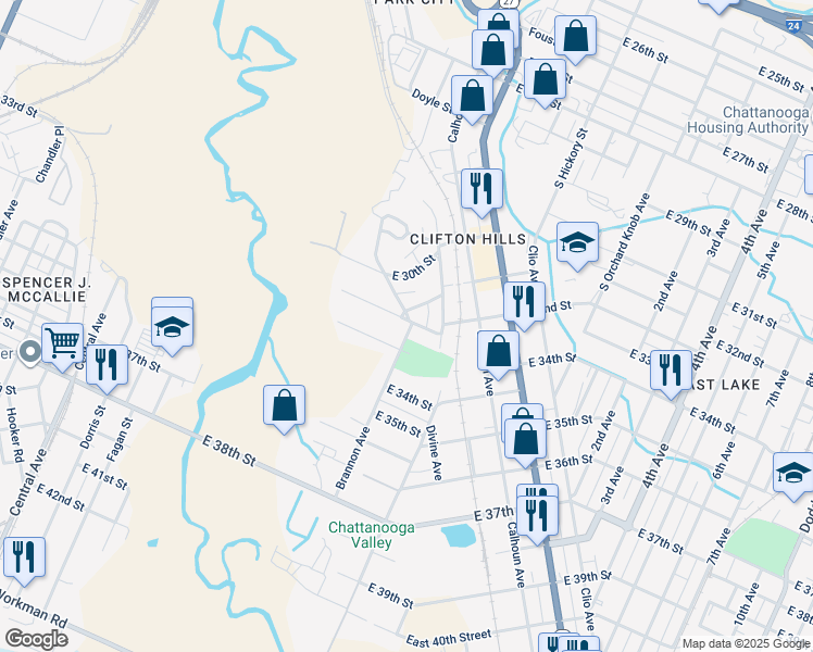 map of restaurants, bars, coffee shops, grocery stores, and more near 1122 East 32nd Street in Chattanooga