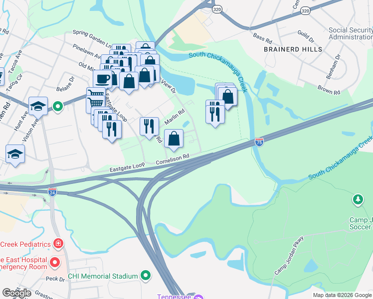map of restaurants, bars, coffee shops, grocery stores, and more near 5751 Cornelison Road in Chattanooga