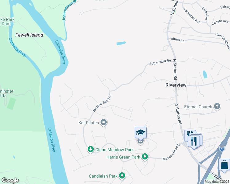 map of restaurants, bars, coffee shops, grocery stores, and more near 2079 Suttonview Road in Fort Mill