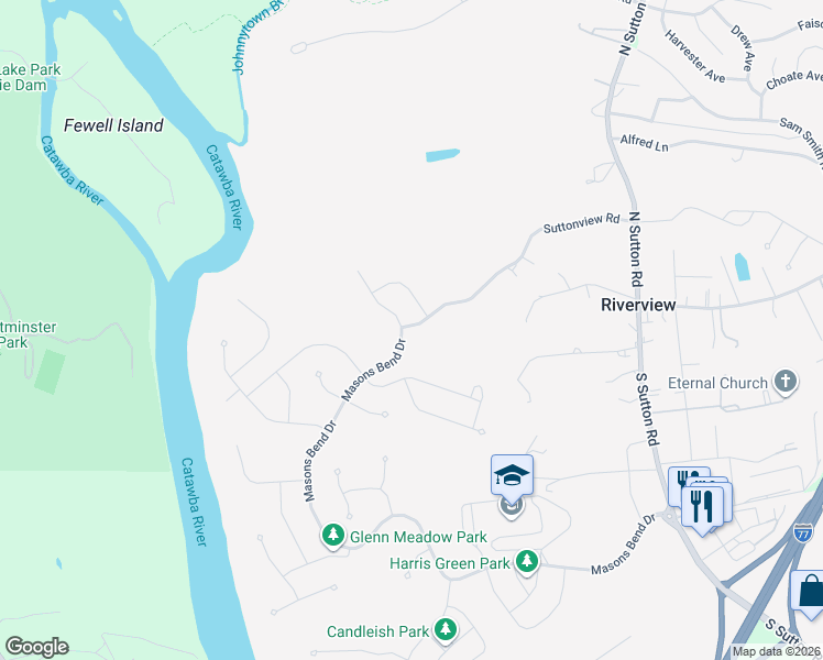 map of restaurants, bars, coffee shops, grocery stores, and more near 2079 Suttonview Road in Fort Mill
