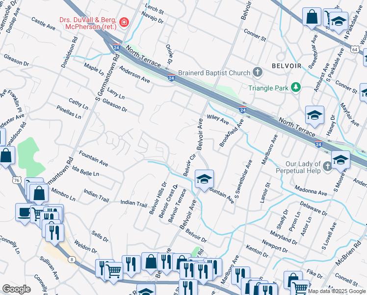 map of restaurants, bars, coffee shops, grocery stores, and more near 116 Arnold Drive in Chattanooga