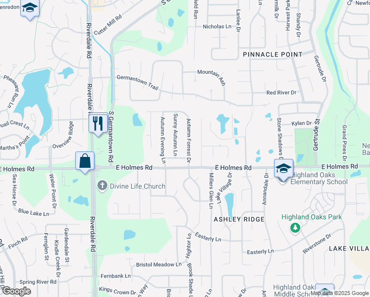 map of restaurants, bars, coffee shops, grocery stores, and more near 7239 Autumn Forrest Drive in Memphis