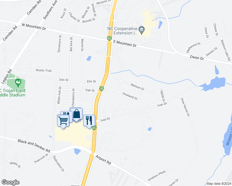 map of restaurants, bars, coffee shops, grocery stores, and more near 202 Vineland Drive in Fayetteville