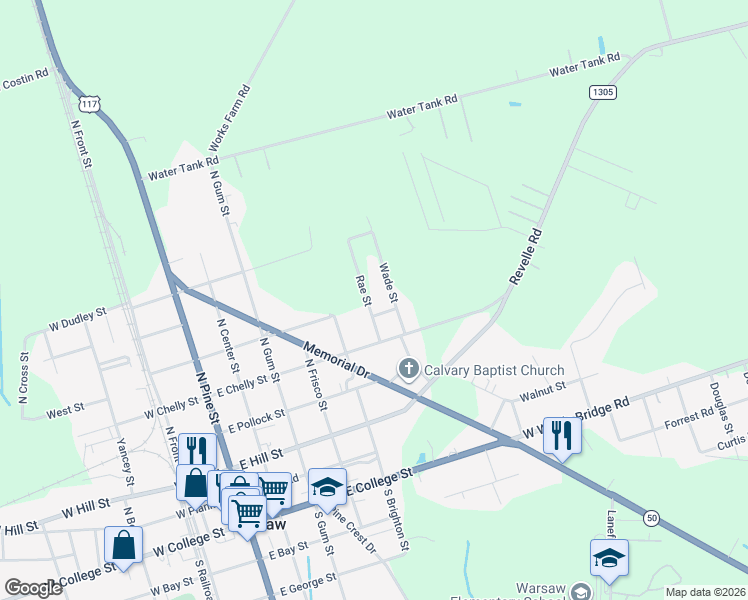 map of restaurants, bars, coffee shops, grocery stores, and more near 111 Short St in Warsaw