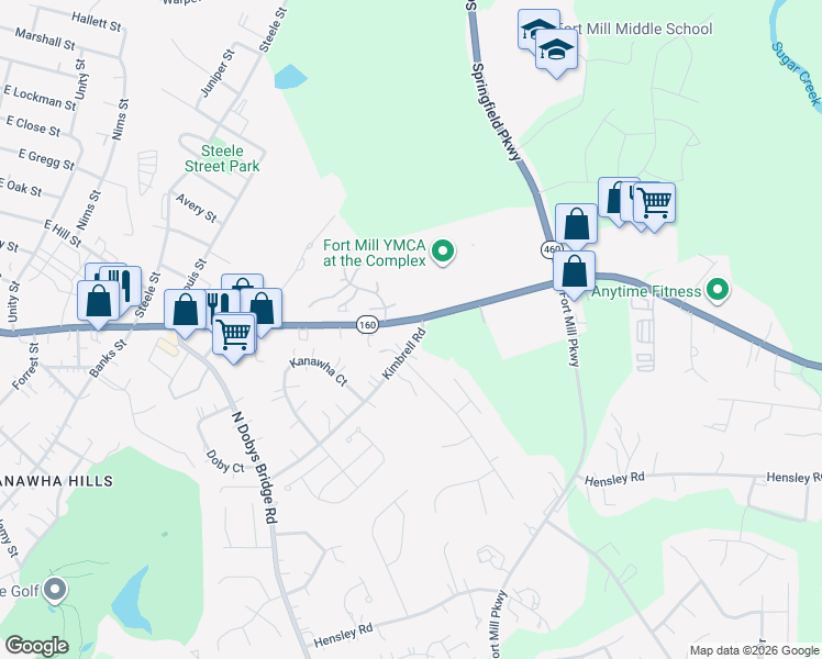 map of restaurants, bars, coffee shops, grocery stores, and more near 1170 Kimbrell Road in Fort Mill