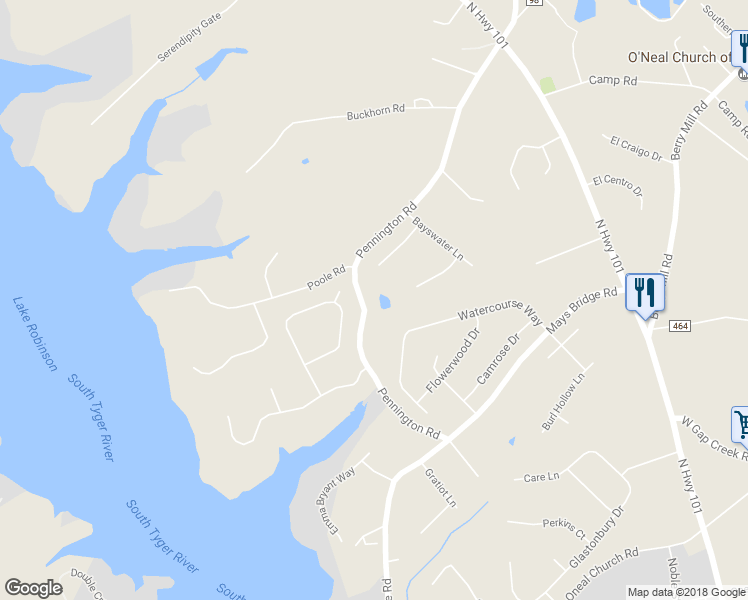 map of restaurants, bars, coffee shops, grocery stores, and more near 3560 Pennington Road in Greer