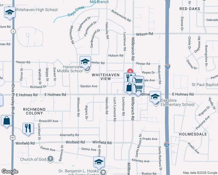 map of restaurants, bars, coffee shops, grocery stores, and more near 1594 East Holmes Road in Memphis