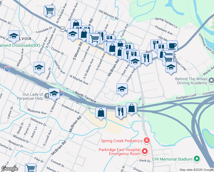 map of restaurants, bars, coffee shops, grocery stores, and more near 5308 Lynnland Terrace in Chattanooga