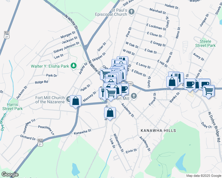 map of restaurants, bars, coffee shops, grocery stores, and more near 118 Main Street in Fort Mill