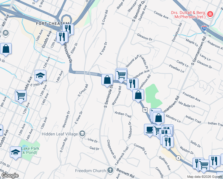map of restaurants, bars, coffee shops, grocery stores, and more near 1014 South Seminole Drive in East Ridge