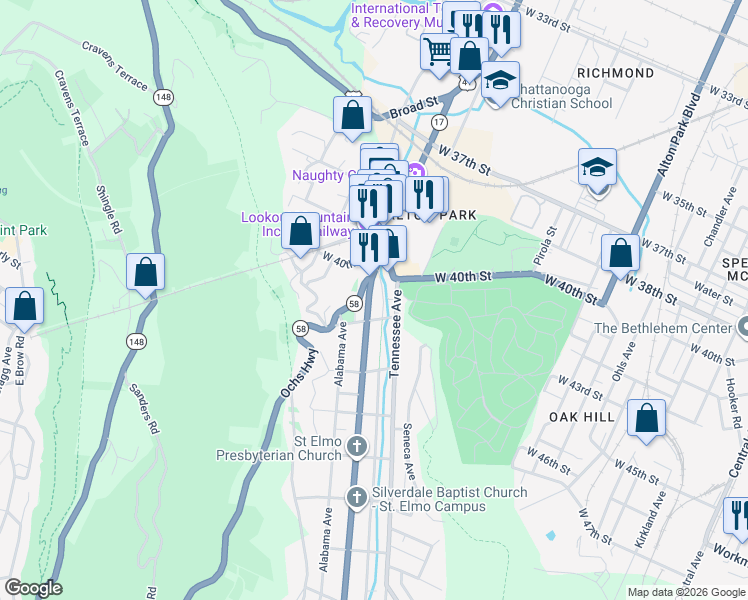 map of restaurants, bars, coffee shops, grocery stores, and more near 4015 Saint Elmo Avenue in Chattanooga