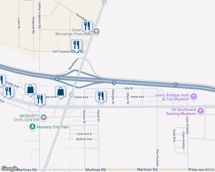 map of restaurants, bars, coffee shops, grocery stores, and more near 316 Ida Street in Moriarty