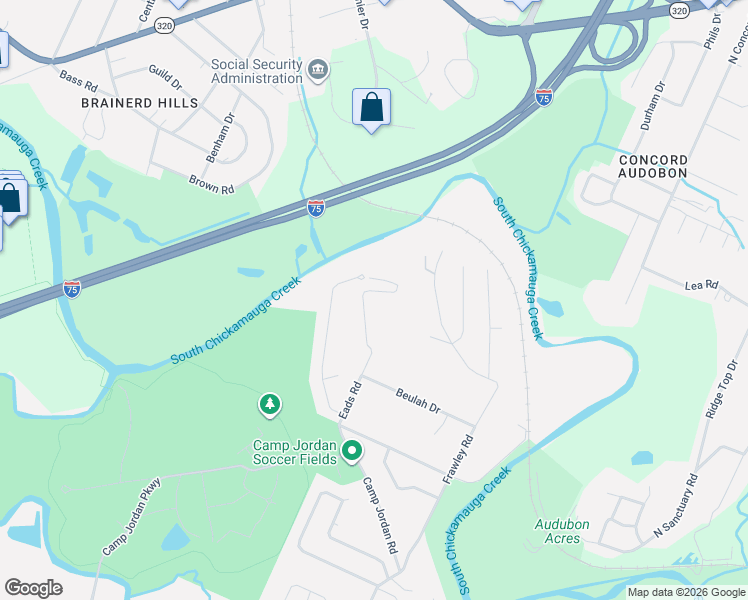 map of restaurants, bars, coffee shops, grocery stores, and more near 201 Eads Street in East Ridge
