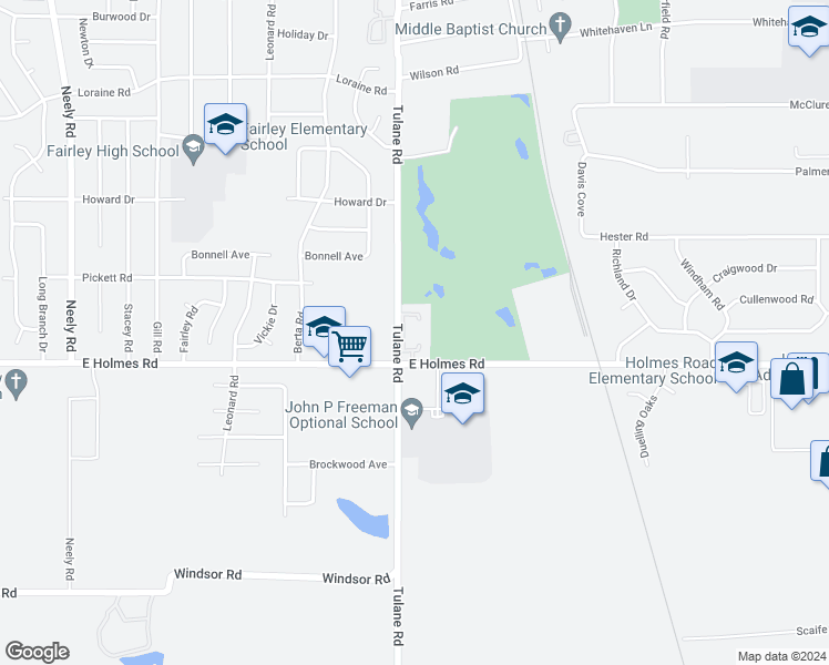 map of restaurants, bars, coffee shops, grocery stores, and more near 5150 Tulane Road in Memphis