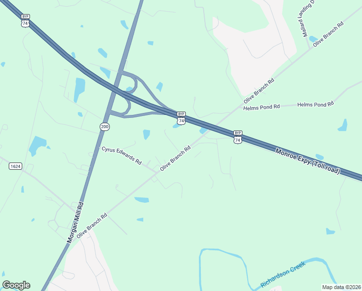 map of restaurants, bars, coffee shops, grocery stores, and more near 2602 Olive Branch Road in Monroe