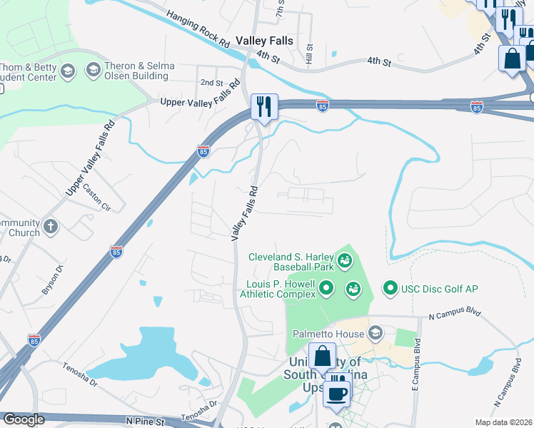 map of restaurants, bars, coffee shops, grocery stores, and more near Campus Suites Road in Spartanburg