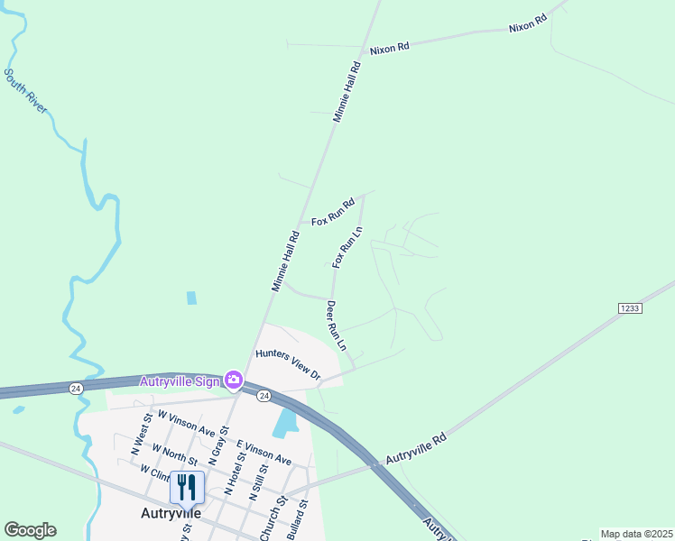 map of restaurants, bars, coffee shops, grocery stores, and more near 48 Fox Run Lane in Autryville