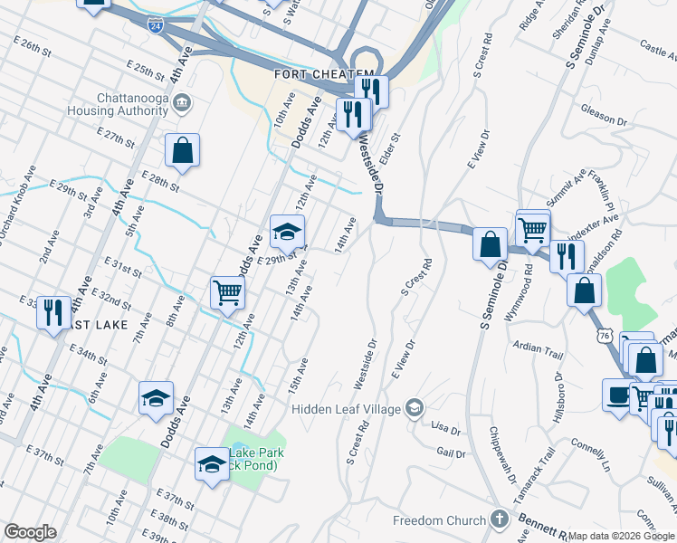 map of restaurants, bars, coffee shops, grocery stores, and more near 7 15th Avenue in Chattanooga