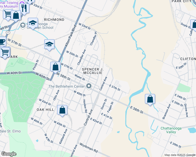 map of restaurants, bars, coffee shops, grocery stores, and more near 200 West 37th Street in Chattanooga
