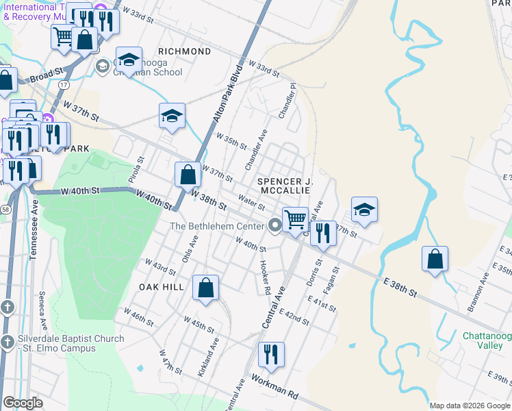 map of restaurants, bars, coffee shops, grocery stores, and more near 277 West 38th Street in Chattanooga
